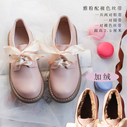 Genuine Leather Japanese Little Pink Shoes Girl Student Cute Soft Sweet Girl Flats Shoes For Women Bow Laces Female Low Heel Cos
