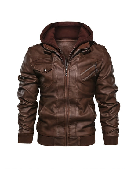 Trendy Mens PU Leather Biker Jacket - Chic Hooded Design with Zip Up Closure - Durable & Stylish Casual Wear