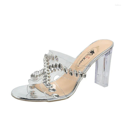 Sandals Fairy Gentle Wind-! Crystal High Heel With Summer Square Headed And Transparent Water Diamond Stripe