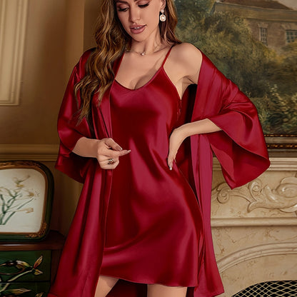 Three-Piece Luxurious Sleepwear Set - Soft Solid Satin Fabric, Stylish Three Quarter Sleeve, Elegant Belted Sleep Robe, Classic Round Neck Slip Dress - Designed for Womens Comfort and Style