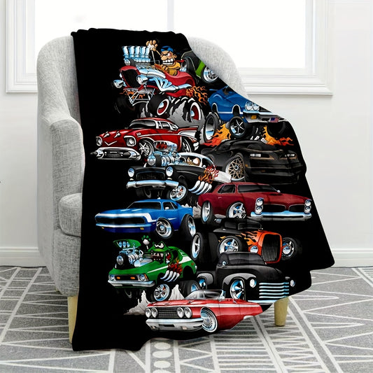 1pc Ultra-Soft Plush Sports Car Print Blanket - Cozy Travel, Sofa, Bed, and Home Decor Accessory with Vibrant Colors - Ideal Birthday or Holiday Gift for Boys and Teens, Suitable for All Seasons