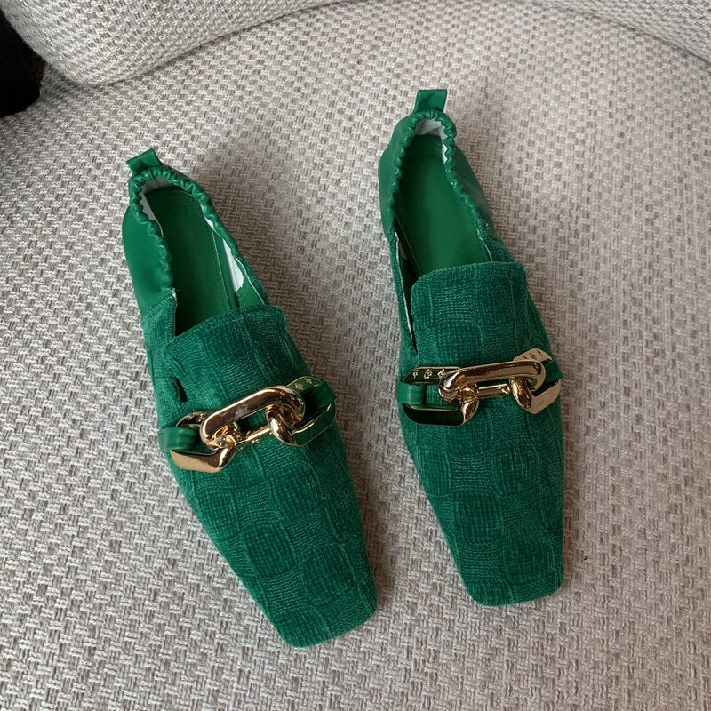 Spring New Women Flat Shoes Fashion Gold Chain Square Toe Slip On Ladies Loafers Casual Soft Sole Ballte Shoes