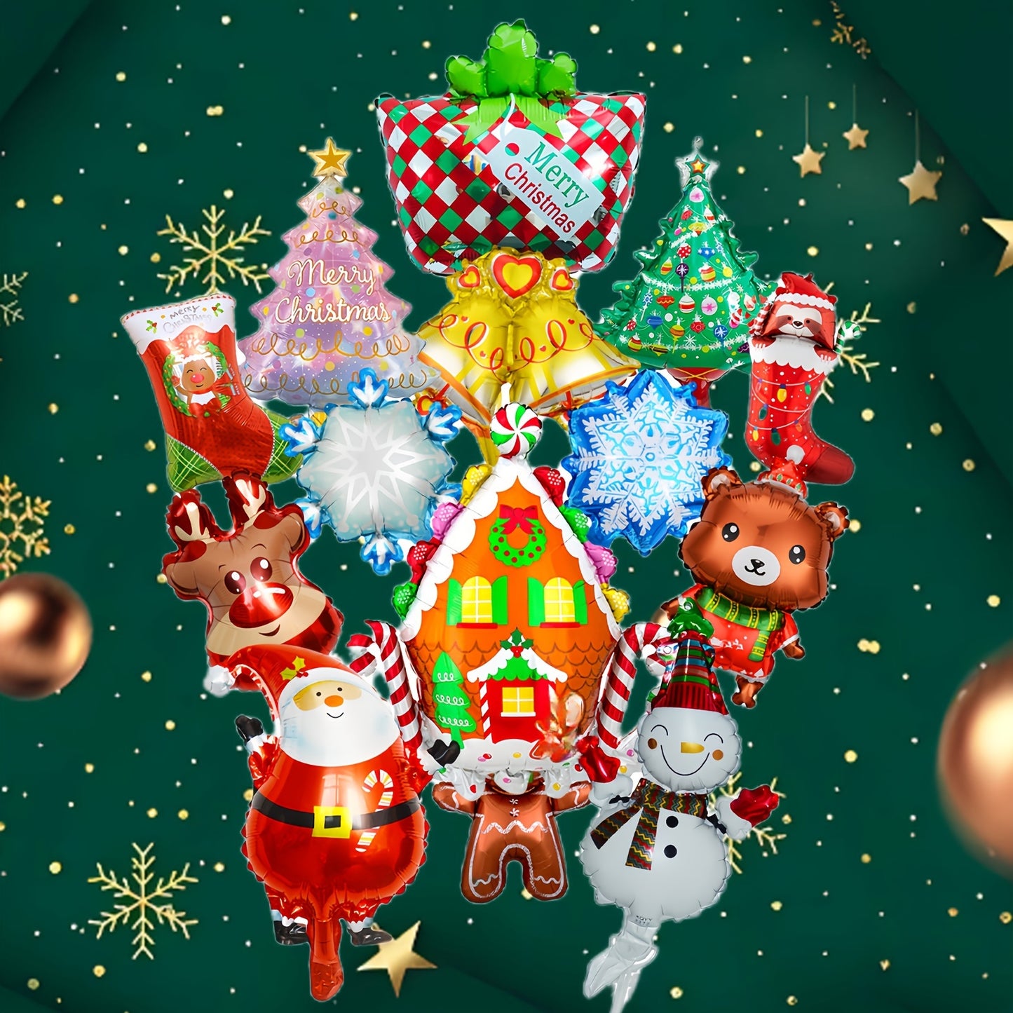 14pcs Mini Christmas Balloon Set - Santa, Reindeer, Tree, Snowman & Gingerbread Designs with Curling Ribbon - Perfect for Holiday Party Decorations