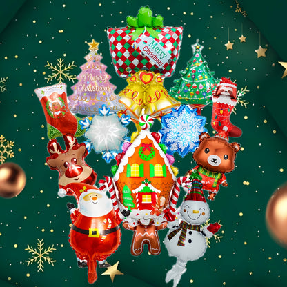14pcs Mini Christmas Balloon Set - Santa, Reindeer, Tree, Snowman & Gingerbread Designs with Curling Ribbon - Perfect for Holiday Party Decorations