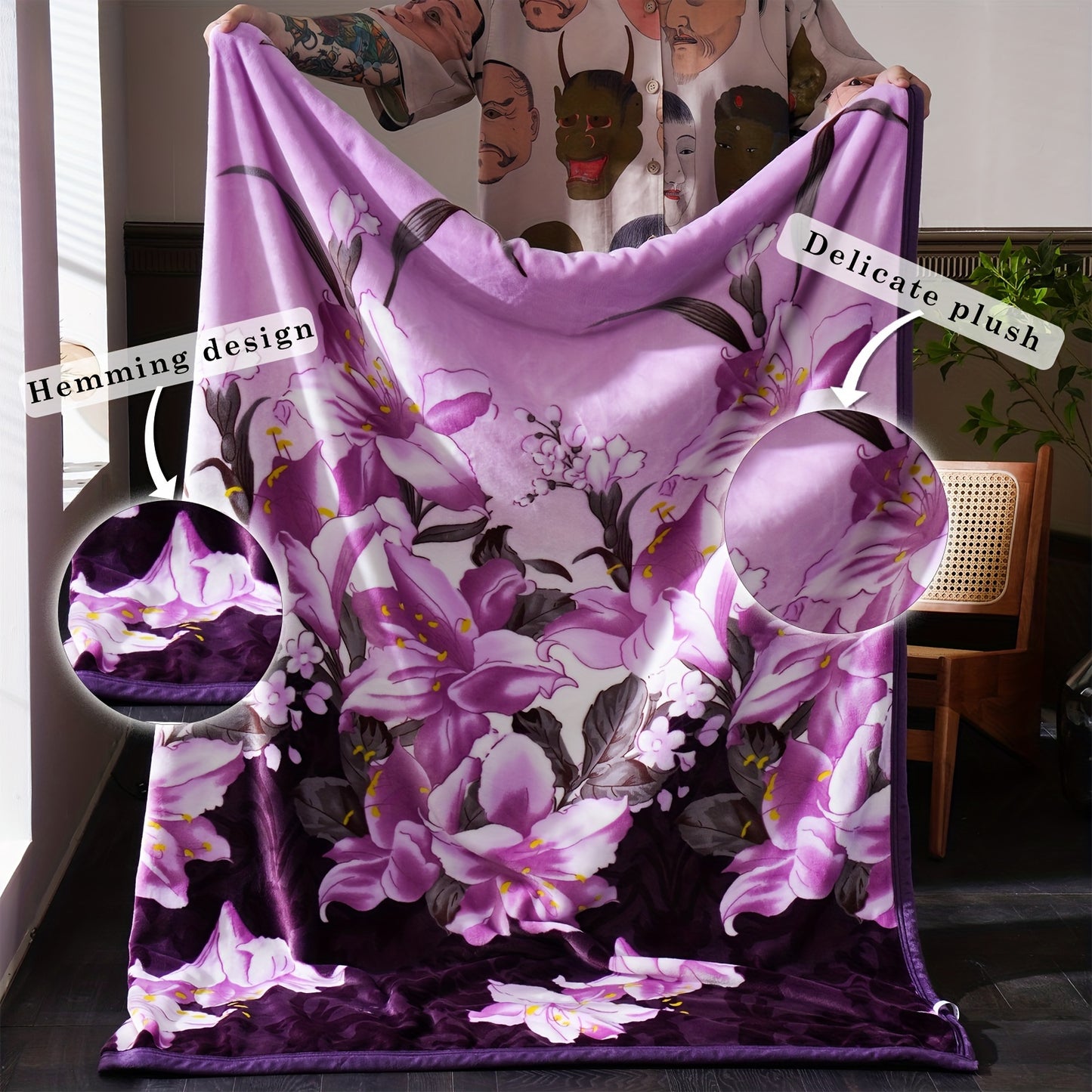 1pc ALK-02 400g Lily Flower Pattern Flannel Printed Blanket, Thickened Warm Winter For Couch Office Bedroom Airplane, Pets Available, Multifunctional Throw Blanket, All Seasons Universal, Student Dormitory Available
