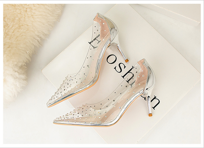 xiangtuibao Transparent high heel women's stiletto pointed wedding shoes rhinestone glass glue, star shoes