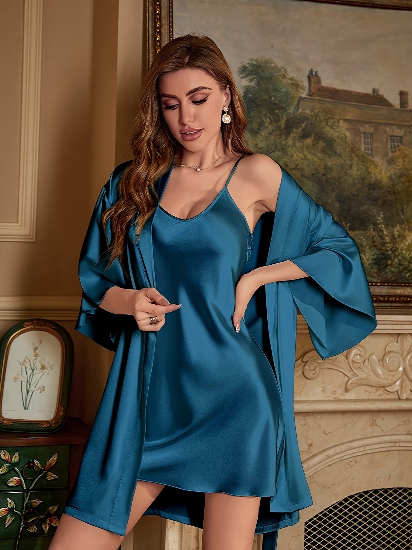 Three-Piece Luxurious Sleepwear Set - Soft Solid Satin Fabric, Stylish Three Quarter Sleeve, Elegant Belted Sleep Robe, Classic Round Neck Slip Dress - Designed for Womens Comfort and Style