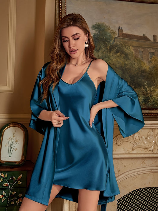 Three-Piece Luxurious Sleepwear Set - Soft Solid Satin Fabric, Stylish Three Quarter Sleeve, Elegant Belted Sleep Robe, Classic Round Neck Slip Dress - Designed for Womens Comfort and Style