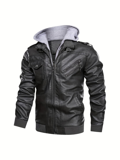 Trendy Mens PU Leather Biker Jacket - Chic Hooded Design with Zip Up Closure - Durable & Stylish Casual Wear