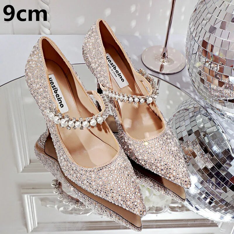 xiangtuibao Hot Rhinestone Pointed High Heels New Single Shoes Women's Pumps Bridesmaid Rhinestone Crystal Pearl Retro Wedding Shoes