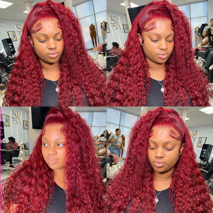13x4 Red Color 180% Curly Human Hair Wigs for Women 99J Burgundy Transparent Deep Wave Lace Frontal Wig Synthetic
