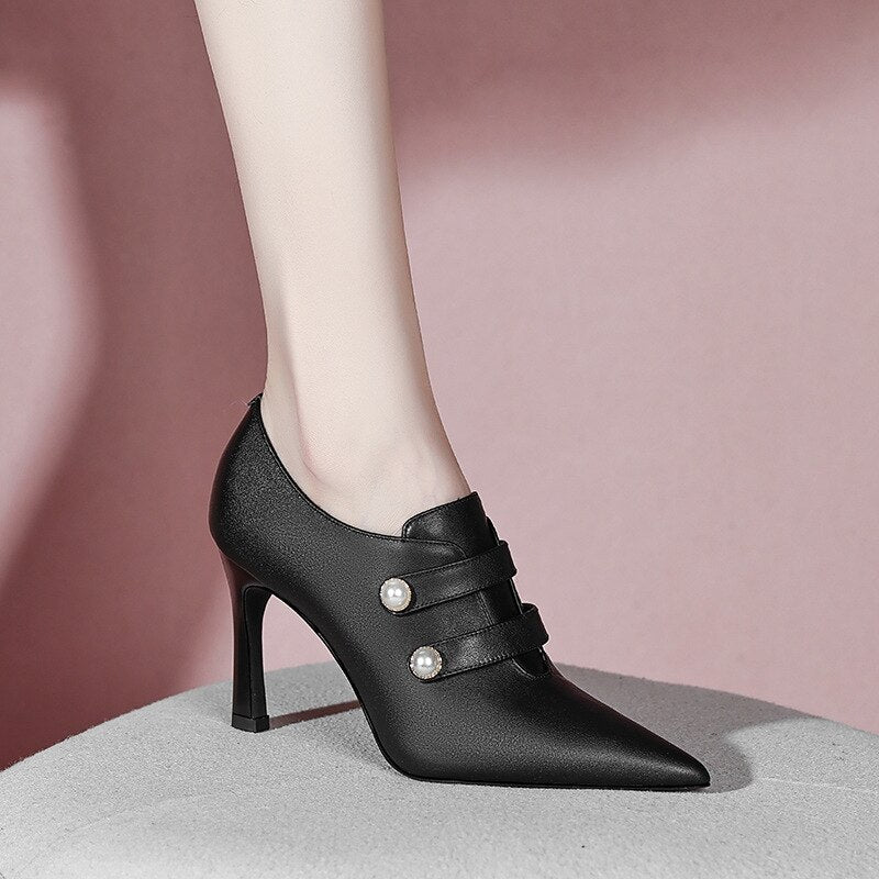 xiangtuibao Women Pointed Shoes Mid-heel Thick Heel Casual Single Shoes Women's Shoes High Heels Spring Autumn Genuine Leather Shoes Party