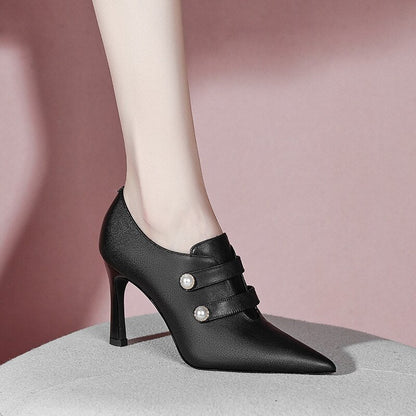 xiangtuibao Women Pointed Shoes Mid-heel Thick Heel Casual Single Shoes Women's Shoes High Heels Spring Autumn Genuine Leather Shoes Party