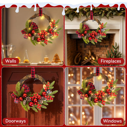 Christmas Wreaths For Door Wreath 12inch 30 LED Christmas Swag Christmas Decoration Christmas Wreath With Christmas Red Berries, Pine Cones, Cedar Leaves For Home Indoor Outdoor Decoration Gift Great Atmosphere  New