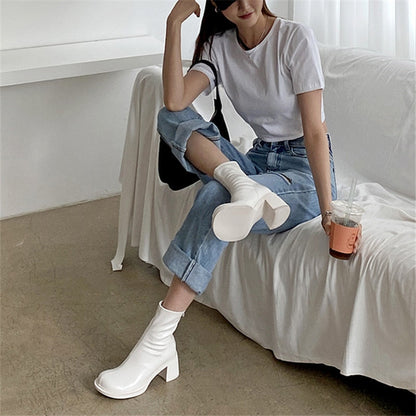 xiangtuibao Sexy Black Women Ankle Boots Chunky High Heel Elastic Sock Boot Ladies Shoes Round Toe Slim Fit Short Booties Autumn Botas Mujer