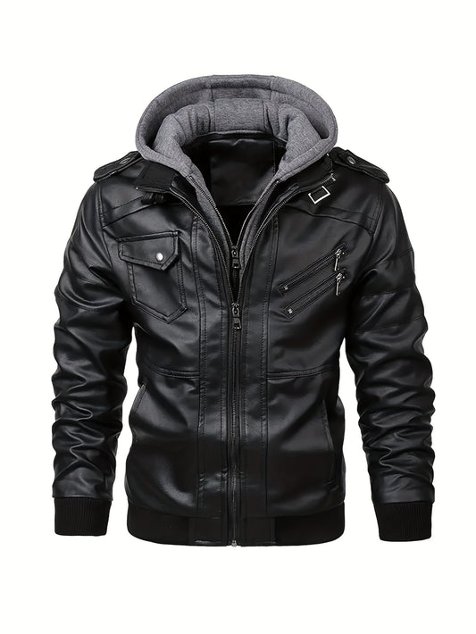 Trendy Mens PU Leather Biker Jacket - Chic Hooded Design with Zip Up Closure - Durable & Stylish Casual Wear