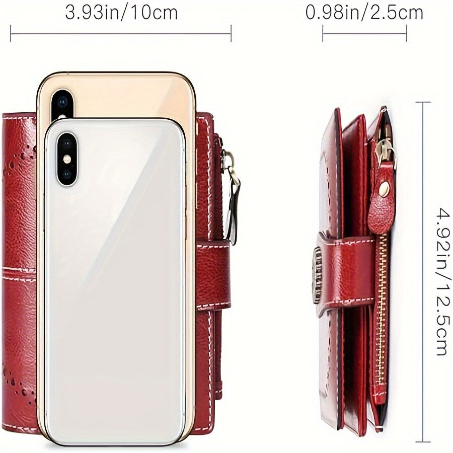 16-Slot Genuine Leather Small Bifold Wallet with RFID Blocking, Zipper Coin Purse, 2 ID Windows, and Buckle Closure - Premium Leather Lining, Casual Style, and Perfect for Everyday Use
