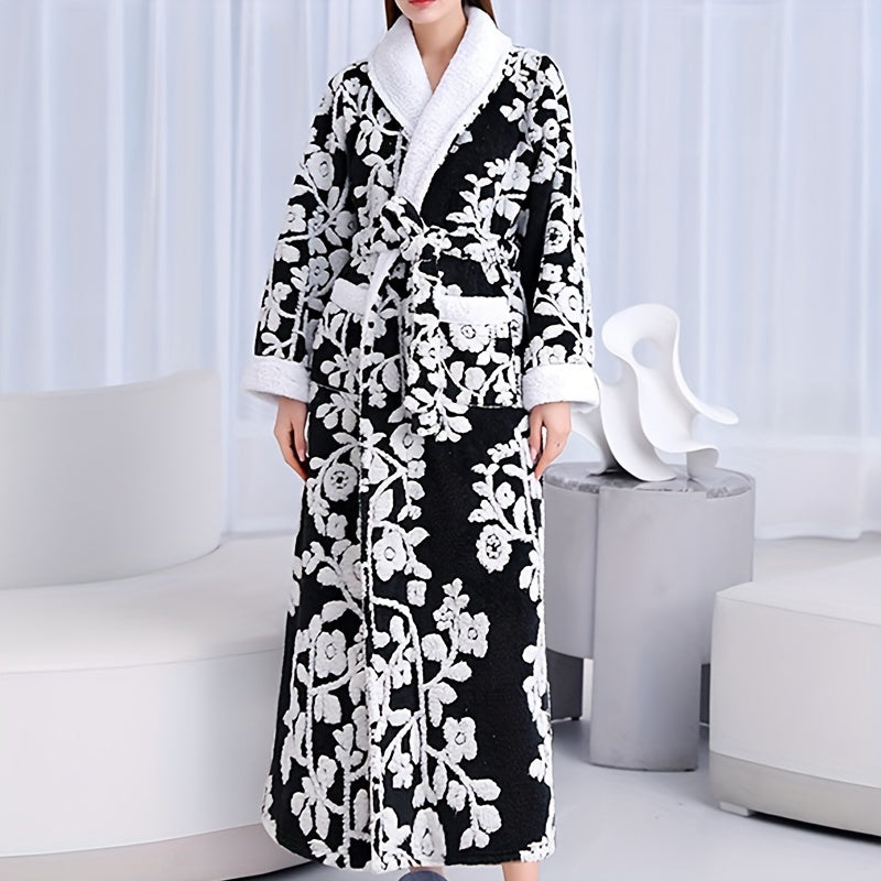 1pc Thickened Long Sleeve Bathrobe - Soft, Plush, and Cozy Unisex Loungewear for Him and Her - Perfect for Couples Relaxation Time with Delicate Flower Pattern, Ideal for Home Use, Essential Bathroom Supplies