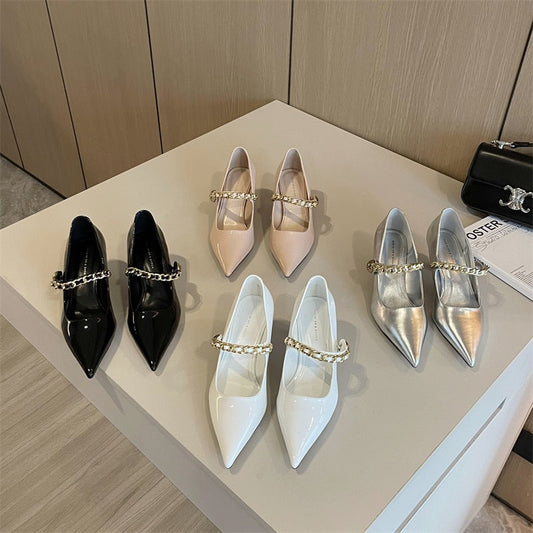 xiangtuibao Patent Leather Women Pumps Pointed Toe Shallow Slip On Black WHite Beige Silver Rhinestone Chain Thin High Heels Dress Shoes 39