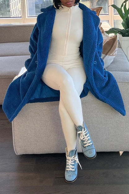 xiangtuibao Solid Color Turndown Collar Fluffy Pocket Coat