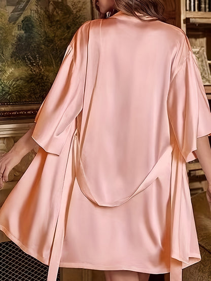 Three-Piece Luxurious Sleepwear Set - Soft Solid Satin Fabric, Stylish Three Quarter Sleeve, Elegant Belted Sleep Robe, Classic Round Neck Slip Dress - Designed for Womens Comfort and Style
