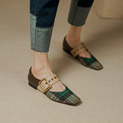 xiangtuibao Square Toe Women Flats With Buckle Women Mules Slip On Moccasins Ladies Gingham Flat Shoes Patchwork Loafers Chaussures Femme
