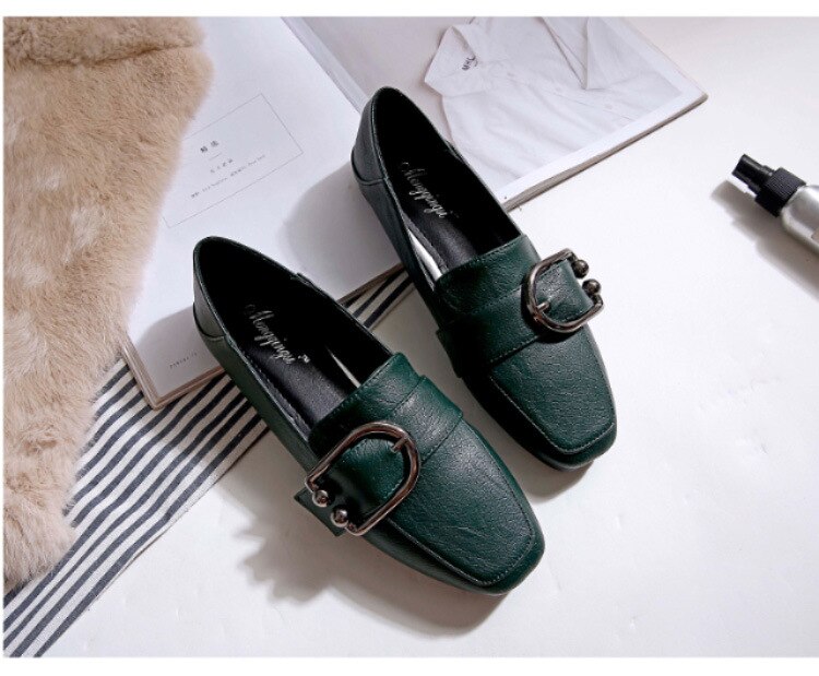 Square Head Deep Mouth Small Leather Shoes Women  Autumn New Metal Flat Shoes Women Flat Shoes
