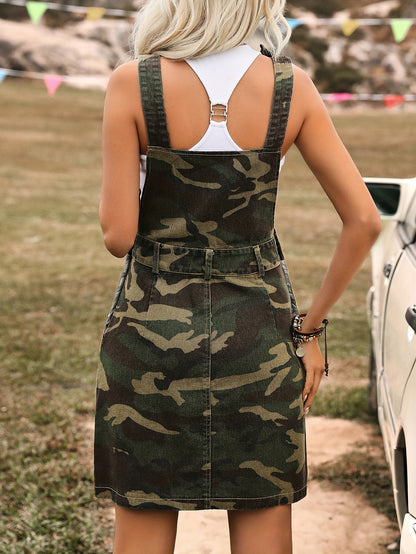 Green Camo Chic Overall Dress - Vintage Style with Pockets, Perfect for Festivals, Stylish Streetwear