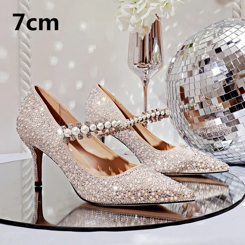 xiangtuibao Hot Rhinestone Pointed High Heels New Single Shoes Women's Pumps Bridesmaid Rhinestone Crystal Pearl Retro Wedding Shoes