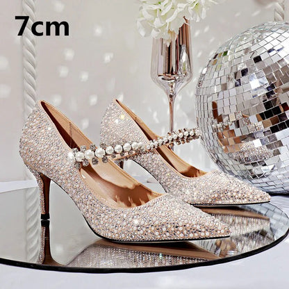 xiangtuibao Hot Rhinestone Pointed High Heels New Single Shoes Women's Pumps Bridesmaid Rhinestone Crystal Pearl Retro Wedding Shoes