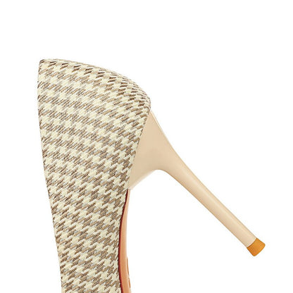 xiangtuibao Women 7.5cm 9.5cm High Heels Plaid Pumps Pointed Toe Wedding Bridal Middle Low Heels Lady Pearl Scarpins Event Stripper Shoes