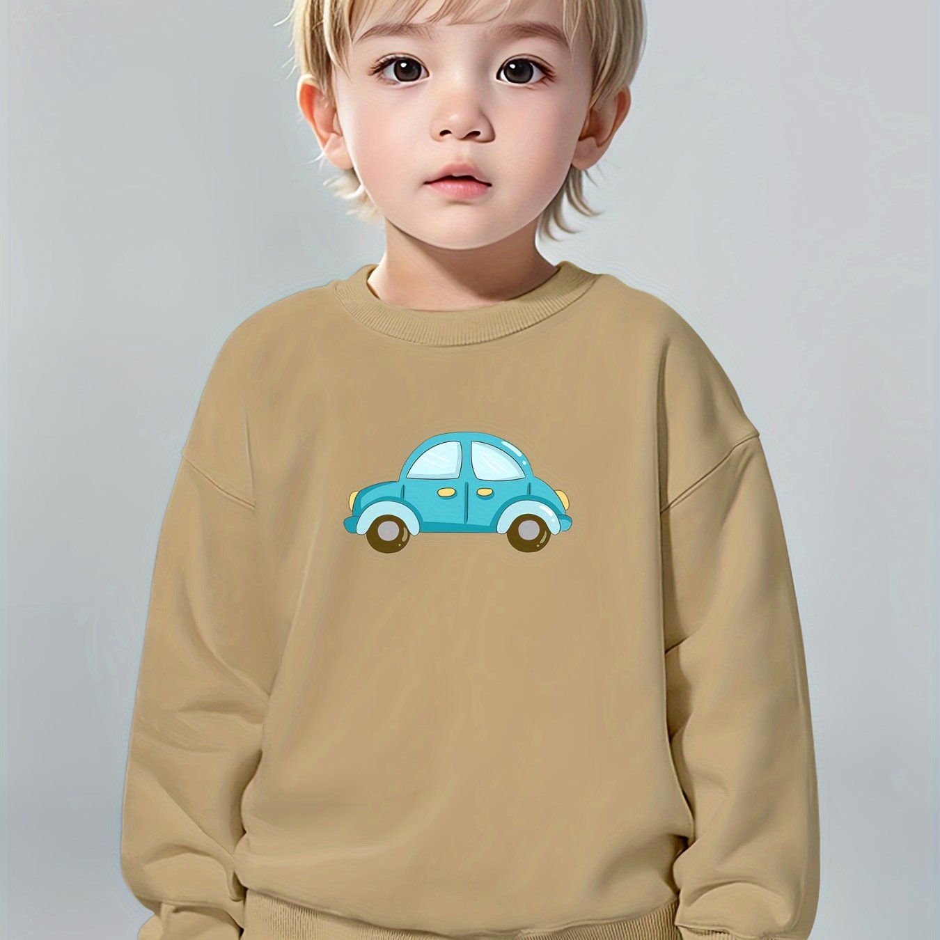 Boys Pure Cotton Cute Car Print Round Neck Comfortable Casual Long Sleeve Sweatshirt For Spring And Autumn And Winter Cozy & Versatile Sweatshirt Top For Indoors & Outdoors