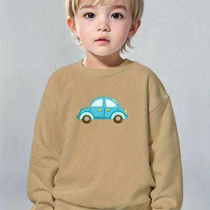 Boys Pure Cotton Cute Car Print Round Neck Comfortable Casual Long Sleeve Sweatshirt For Spring And Autumn And Winter Cozy & Versatile Sweatshirt Top For Indoors & Outdoors