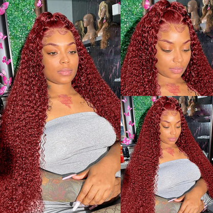 13x4 Red Color 180% Curly Human Hair Wigs for Women 99J Burgundy Transparent Deep Wave Lace Frontal Wig Synthetic