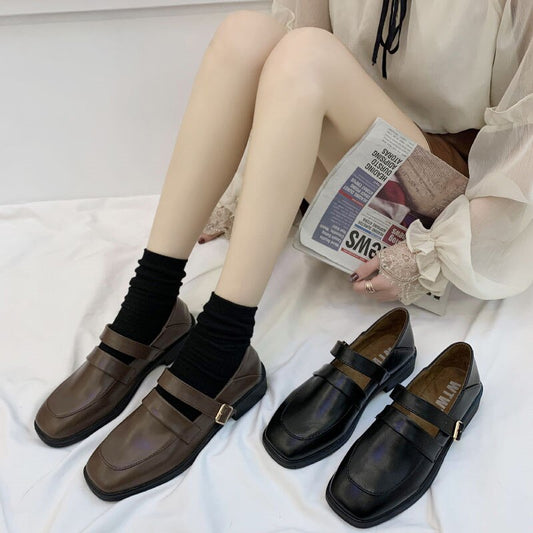 xiangtuibao Vintage Buckle Strap Square Toe Mules Brown Shoes Women Fashion Designer Elegant Black Loafers Casual Wild Spring Platform Flats