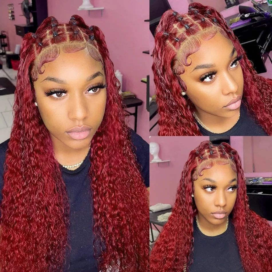 13x4 Red Color 180% Curly Human Hair Wigs for Women 99J Burgundy Transparent Deep Wave Lace Frontal Wig Synthetic