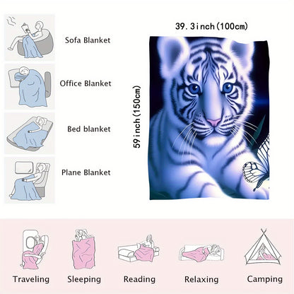 1pc Cute Little White Tiger Printed Flannel Blanket For Sofa, Bed, Office Shawl, Wild Camping Multi-purpose Super Soft Comfortable Blanket