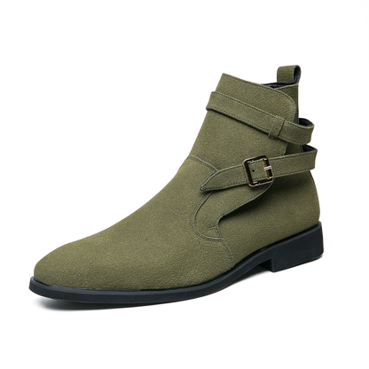New Green Retro Men's Boots Buckle Design Suede Leather Boots Dress Formal Boots Casual Winter Chelsea Men Shoes botas de hombre