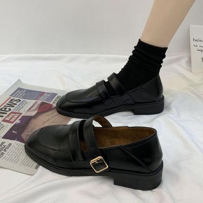 xiangtuibao Vintage Buckle Strap Square Toe Mules Brown Shoes Women Fashion Designer Elegant Black Loafers Casual Wild Spring Platform Flats