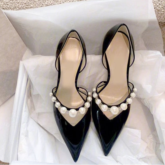 xiangtuibao White Pearl Chain Strap High Heel Shoes Pink Satin V Cut Pointed Toe Shallow Wedding Bride Shoes Slip On Shallow Women Pumps