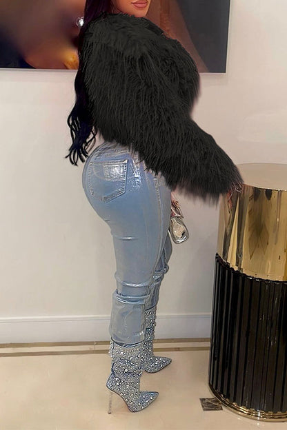xiangtuibao Solid Color Faux Fur Luxe Crop Coat