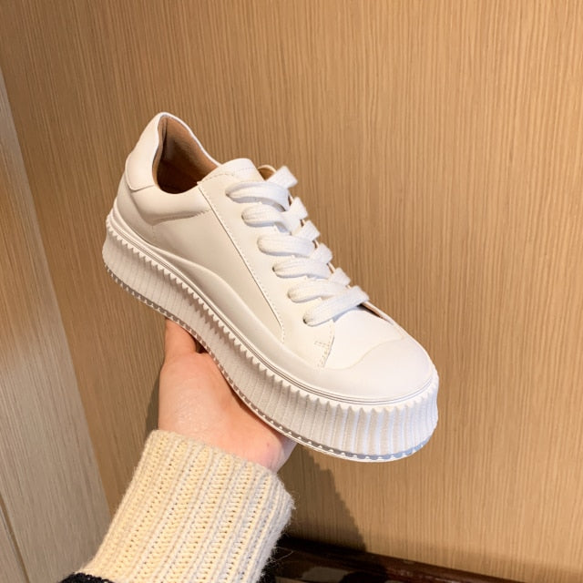 Meotina Platform Shoes Women Natural Genuine Leather Flat Casual Shoes Real Leather Lace Up White Sneakers Ladies Flats Spring