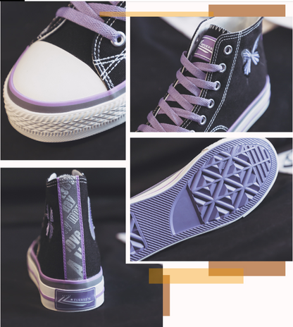 xiangtuibao  Spring New Women Canvas Shoes Fashion Drawings Girl Purple Vulcanized Sneakers Butterfly Embroidery Casual High Low Flat Shoes