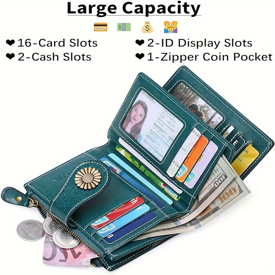 16-Slot Genuine Leather Small Bifold Wallet with RFID Blocking, Zipper Coin Purse, 2 ID Windows, and Buckle Closure - Premium Leather Lining, Casual Style, and Perfect for Everyday Use