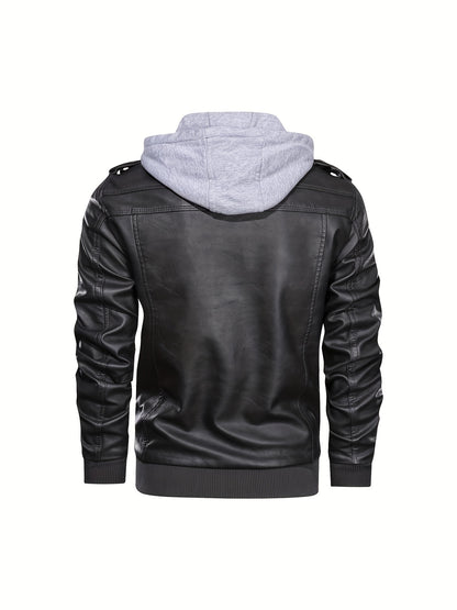 Trendy Mens PU Leather Biker Jacket - Chic Hooded Design with Zip Up Closure - Durable & Stylish Casual Wear