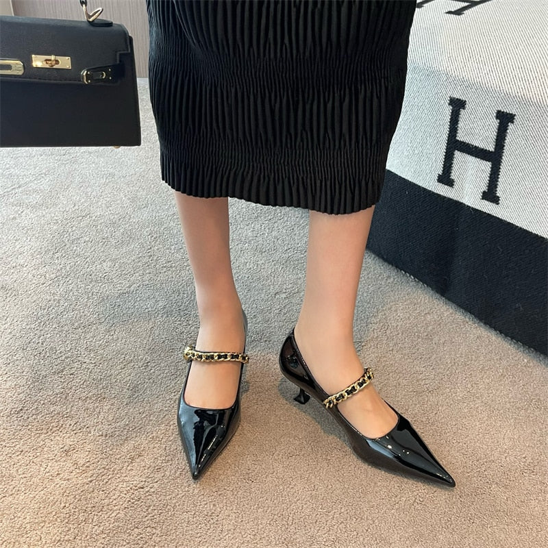 xiangtuibao Patent Leather Women Pumps Pointed Toe Shallow Slip On Black WHite Beige Silver Rhinestone Chain Thin High Heels Dress Shoes 39