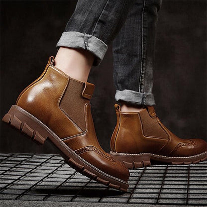Men Genuine Leather Chelsea Boots Autumn Winter Brogues Shoes Male Platform Ankle Boots Breathable Fashion Motorcycle Boots