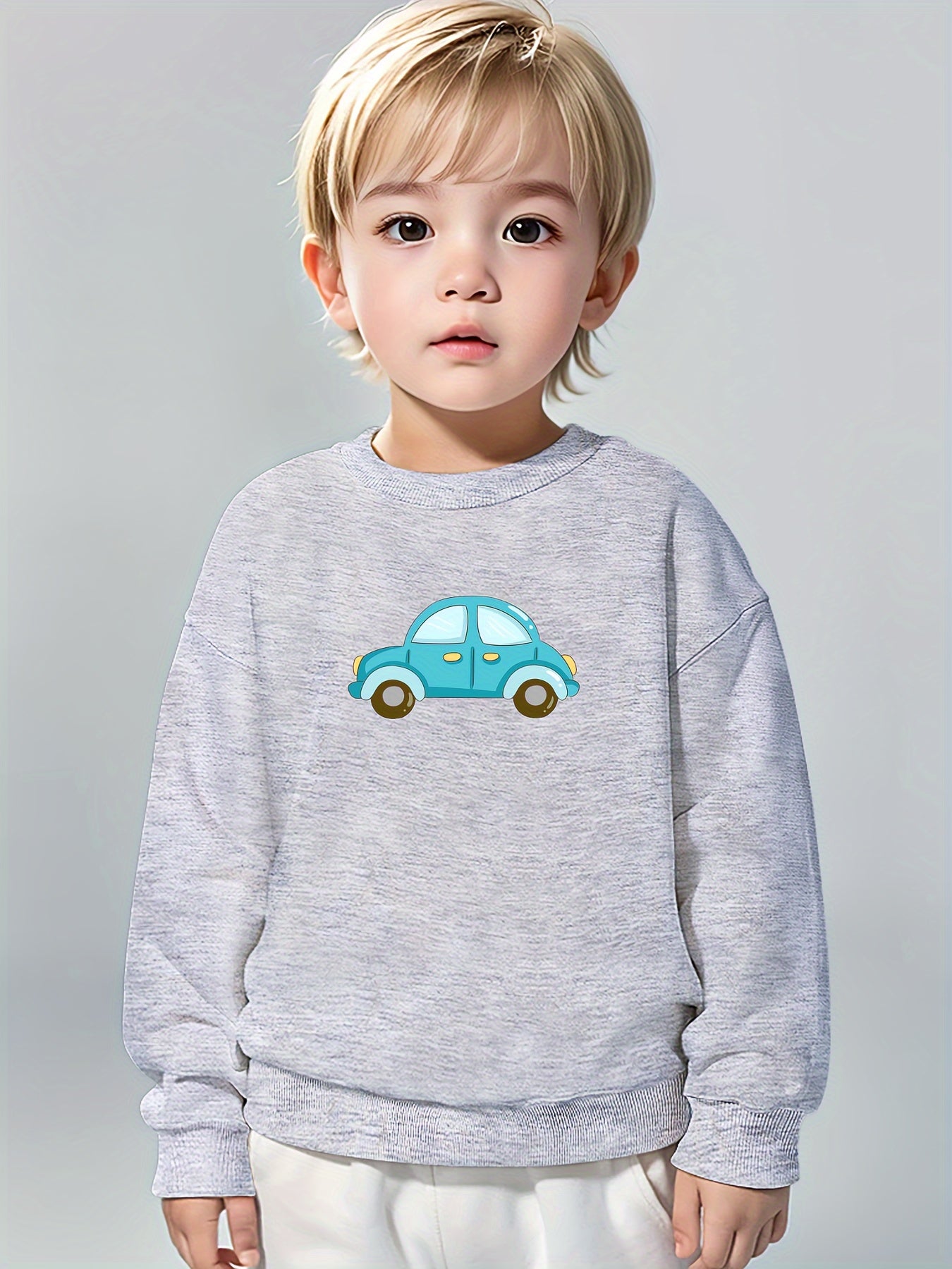 Boys Pure Cotton Cute Car Print Round Neck Comfortable Casual Long Sleeve Sweatshirt For Spring And Autumn And Winter Cozy & Versatile Sweatshirt Top For Indoors & Outdoors