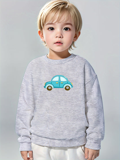 Boys Pure Cotton Cute Car Print Round Neck Comfortable Casual Long Sleeve Sweatshirt For Spring And Autumn And Winter Cozy & Versatile Sweatshirt Top For Indoors & Outdoors
