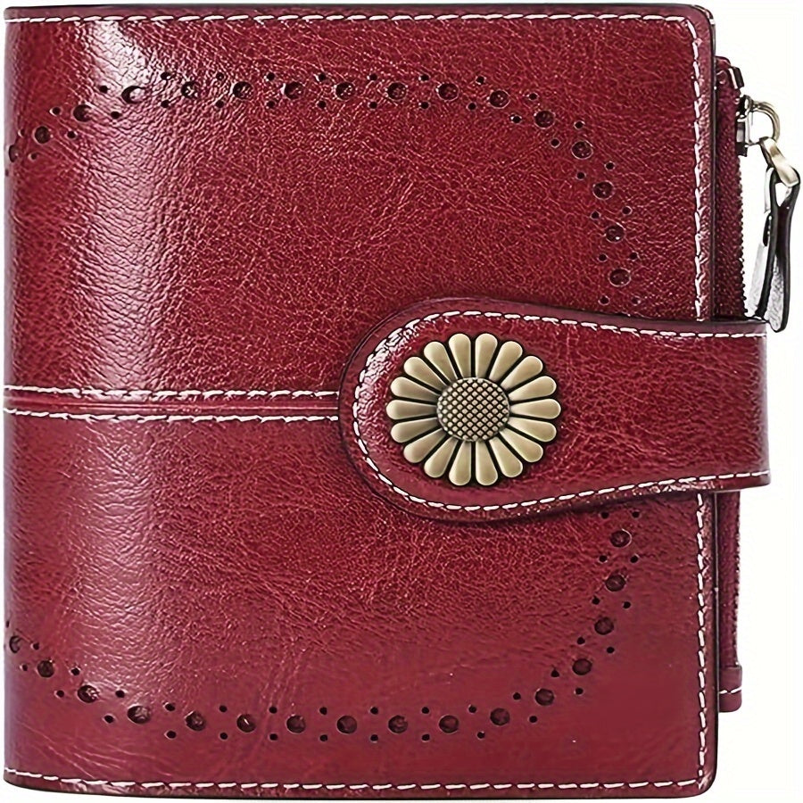 16-Slot Genuine Leather Small Bifold Wallet with RFID Blocking, Zipper Coin Purse, 2 ID Windows, and Buckle Closure - Premium Leather Lining, Casual Style, and Perfect for Everyday Use